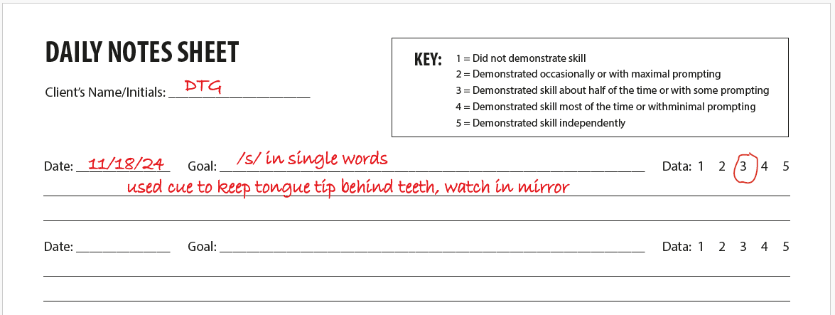 carrie's daily notes page for speech therapy rubric style grading