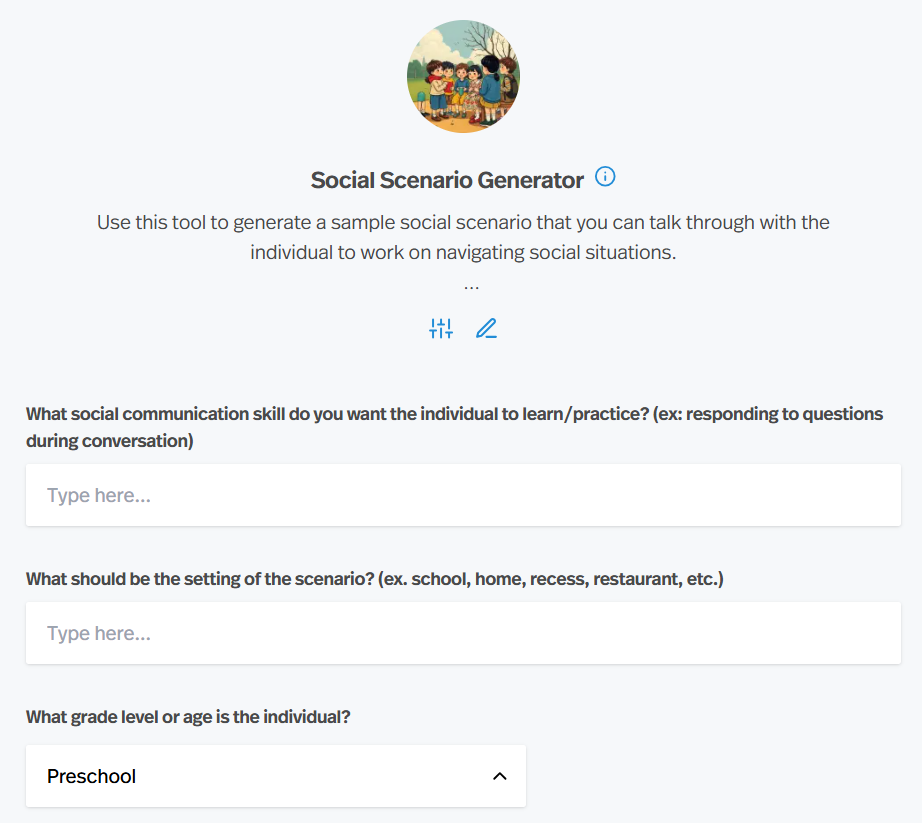 custom social scenario generator for speech-language therapy