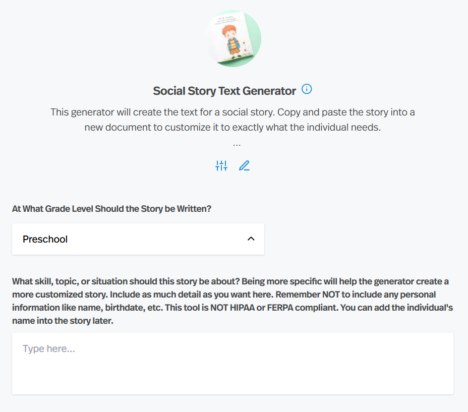 custom social story text generator for speech-language therapy