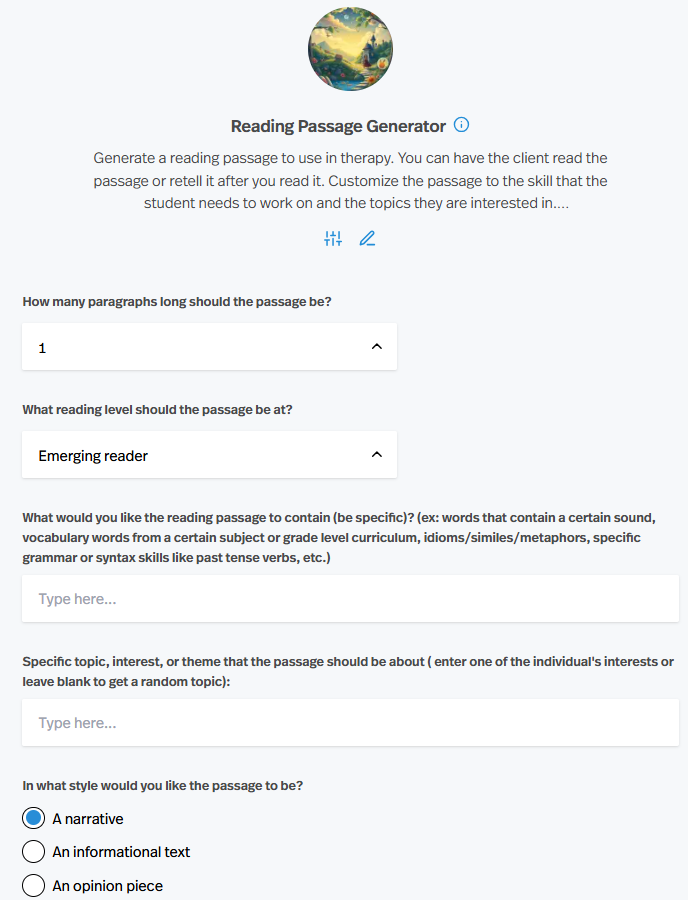 custom reading passage generator for speech-language therapy