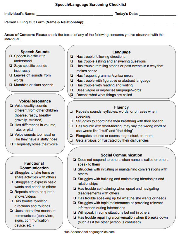 free speech language screening checklist